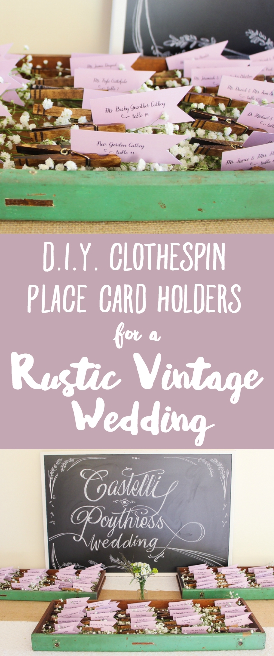 DIY Rustic Vintage Clothespin Place Card Holders | Love that can save on cost, but not scrimp on beauty with these gems! Step by step photo tutorial includes instructions on the easy method of staining the clothespins and how to design and cut the place card flags. Pop 'em in a vintage drawer with baby's breath and voila! Instant wedding whimsy!