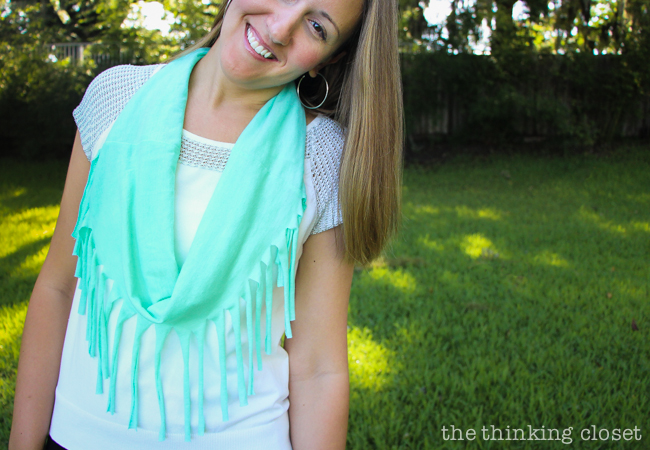 10 Minute Fringe Infinity T-Shirt Scarf - - one of the quickest, easiest, and most fun DIY projects you'll ever do!  Oh, and the best part?  Supplies are FREE if you raid your closet for an old t-shirt to upcycle!  Just another inspiring tutorial from Scarf Week 2015!  Stop by to check out all 7 DIY T-Shirt Scarves.
