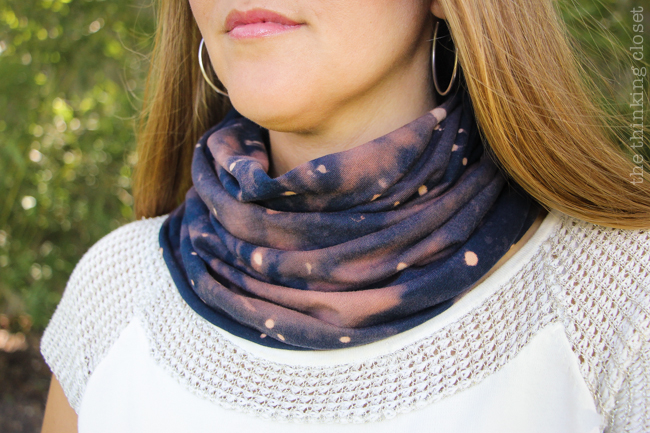 DIY Galaxy Print Infinity Scarf: Just one of the many inspirational tutorials during Scarf Week 2015. This creative project uses the power of bleach on a dark t-shirt to transform it into a fabulous galactic accessory! And you likely have most the supplies you'd need already lying around the house! DIY Galaxy Print Infinity Scarf: Just one of the many inspirational tutorials during Scarf Week 2015. This creative project uses the power of bleach on a dark t-shirt to transform it into a fabulous galactic accessory! And you likely have most the supplies you'd need already lying around the house!