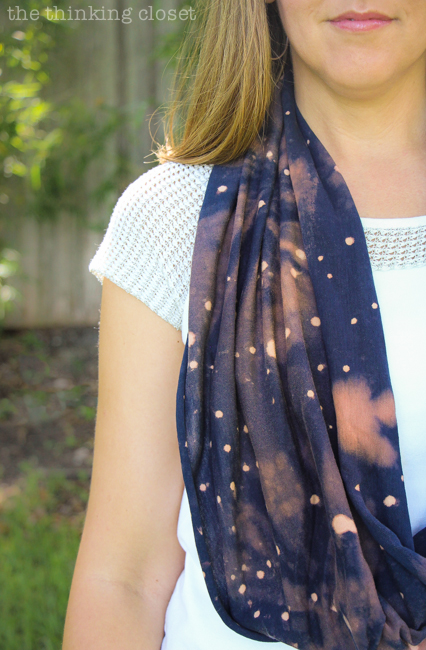 DIY Galaxy Print Infinity Scarf: Just one of the many inspirational tutorials during Scarf Week 2015. This creative project uses the power of bleach on a dark t-shirt to transform it into a fabulous galactic accessory! And you likely have most the supplies you'd need already lying around the house! DIY Galaxy Print Infinity Scarf: Just one of the many inspirational tutorials during Scarf Week 2015. This creative project uses the power of bleach on a dark t-shirt to transform it into a fabulous galactic accessory! And you likely have most the supplies you'd need already lying around the house!