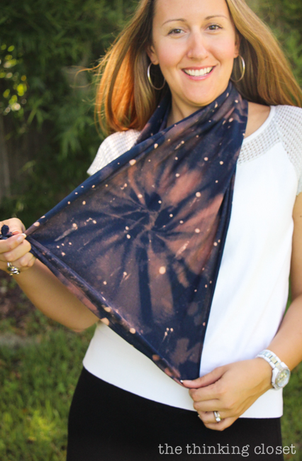 DIY Galaxy Print Infinity Scarf: Just one of the many inspirational tutorials during Scarf Week 2015. This creative project uses the power of bleach on a dark t-shirt to transform it into a fabulous galactic accessory! And you likely have most the supplies you'd need already lying around the house! DIY Galaxy Print Infinity Scarf: Just one of the many inspirational tutorials during Scarf Week 2015. This creative project uses the power of bleach on a dark t-shirt to transform it into a fabulous galactic accessory! And you likely have most the supplies you'd need already lying around the house!