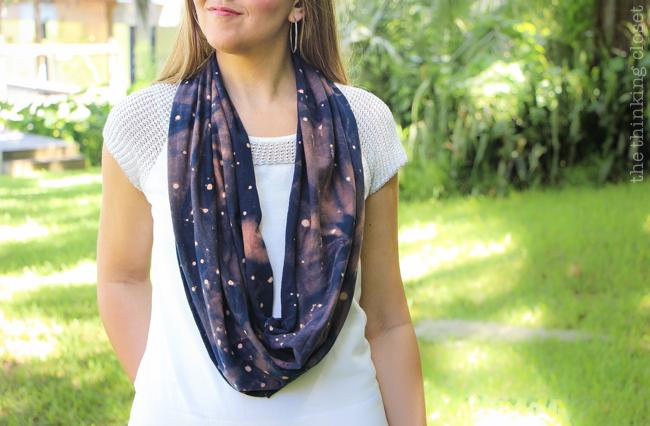 DIY Galaxy Print Infinity Scarf: Just one of the many inspirational tutorials during Scarf Week 2015. This creative project uses the power of bleach on a dark t-shirt to transform it into a fabulous galactic accessory! And you likely have most the supplies you'd need already lying around the house! DIY Galaxy Print Infinity Scarf: Just one of the many inspirational tutorials during Scarf Week 2015. This creative project uses the power of bleach on a dark t-shirt to transform it into a fabulous galactic accessory! And you likely have most the supplies you'd need already lying around the house!