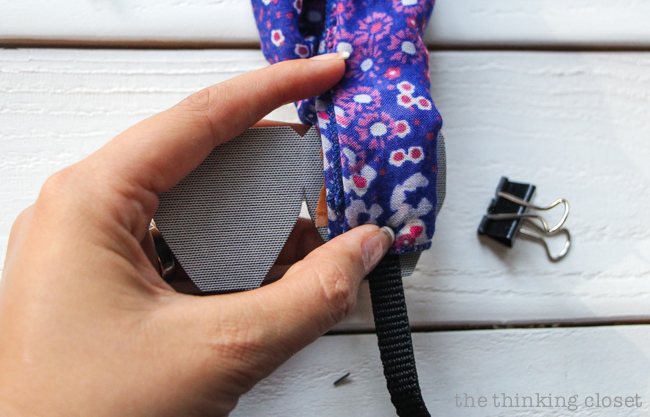 Prepping "The Bermuda Triangle."  Just another step in the DIY Scarf Camera Strap Tutorial: Upcycle a scarf into a snazzy camera strap that will quickly become your new favorite accessory. This sewing tutorial will walk you through each step of the fun refashion. Happy Scarf Week 2015!