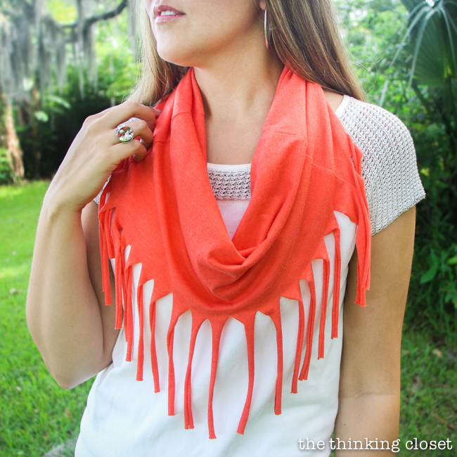 10 Minute Fringe Infinity T-Shirt Scarf - - one of the quickest, easiest, and most fun DIY projects you'll ever do! Oh, and the best part? Supplies are FREE if you raid your closet for an old t-shirt to upcycle! Just another inspiring tutorial from Scarf Week 2015! Stop by to check out all 7 DIY T-Shirt Scarves.