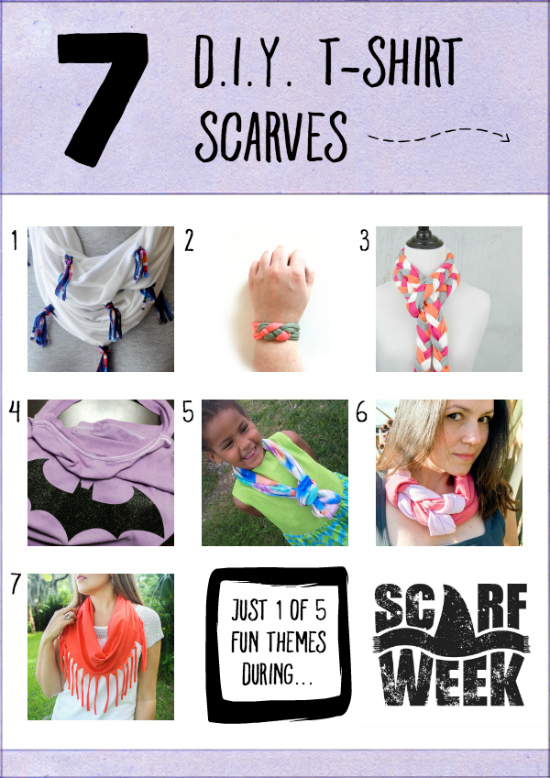 7 D.I.Y. T-Shirt Scarves | Who knew all the upcycling possibilities that existed with something as simple as a t-shirt? We've got neck scarves, cape scarves, wrist scarves...and this is just one of FIVE inspirational themes during the Second Annual Scarf Week. Let's get scarfy!