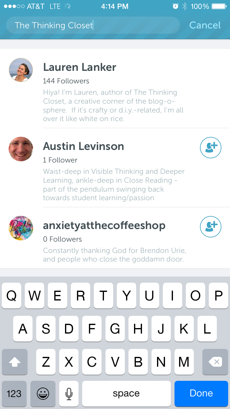 Use the magnifying glass on Periscope to search and find individual users to follow, like @ThinkingCloset! Use the magnifying glass on Periscope to search and find individual users to follow, like @ThinkingCloset!