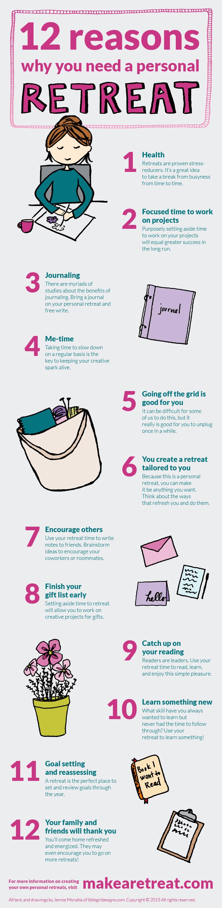 12 Reasons Why You Need a Personal Retreat! Awesome infographic by Jennie, author of The Creative Retreat Workbook. 12 Reasons Why You Need a Personal Retreat! Awesome infographic by Jennie, author of The Creative Retreat Workbook.