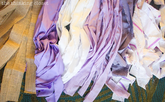 D.I.Y. Shabby Chic Fabric Photo Booth Backdrop | Our six different piles of fabric strips, ready to be tied onto the jute twine! D.I.Y. Shabby Chic Fabric Photo Booth Backdrop | Our six different piles of fabric strips, ready to be tied onto the jute twine!