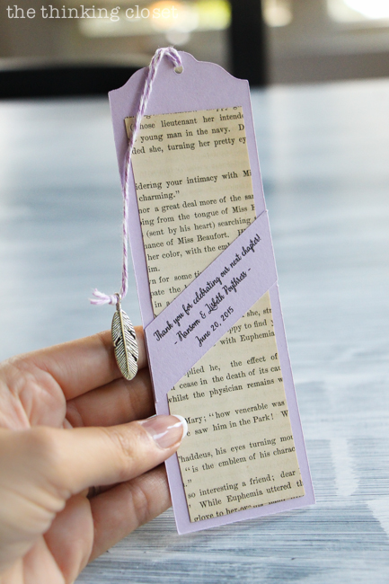 DIY Bookmark Wedding Favors - - perfect for the book-lovin' bride and groom! And you can't beat a price-point of 50 cents per bookmark! This is a fun one to work on with friends, assembly line style. And prepare to wow those wedding guests with all of its whimsical, handmade touches!
