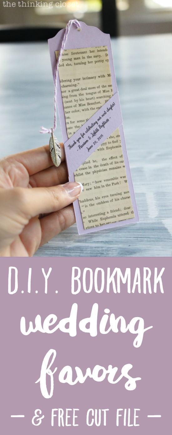 DIY Bookmark Wedding Favors - - perfect for the book-lovin' bride and groom! And you can't beat a price-point of 50 cents per bookmark! Nab the free cut file for your Silhouette, then prepare to wow those wedding guests with all of the whimsical, handmade touches on these favors!