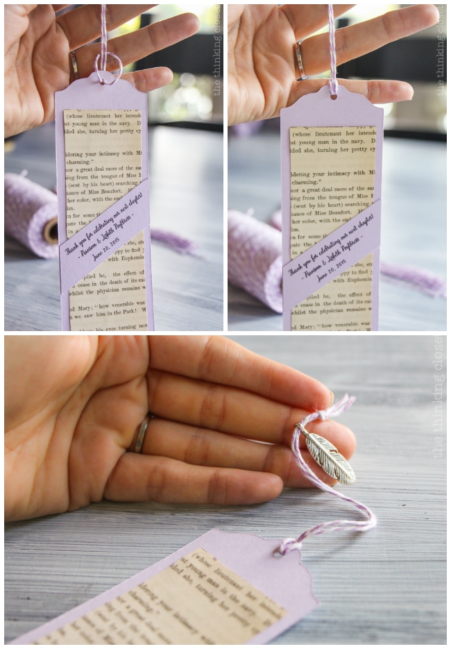 DIY Bookmark Wedding Favors - - perfect for the book-lovin' bride and groom! And you can't beat a price-point of 50 cents per bookmark! Here's a photo of our tying on the baker's twine and securing the charms for the tassel. The finishing touch!