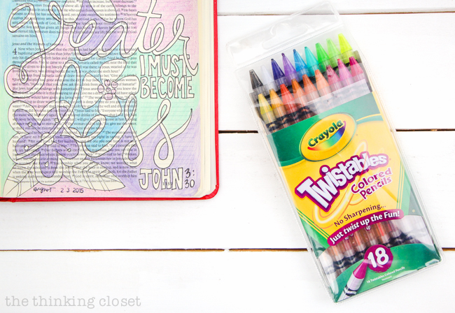 My 20 Favorite Journaling Bible Supplies | Crayola Twistables are great colored pencils to use in your Journaling Bible - - their vibrant colors and dull tips make for easy blending and shading. Also, you never have to sharpen them. Just twist!