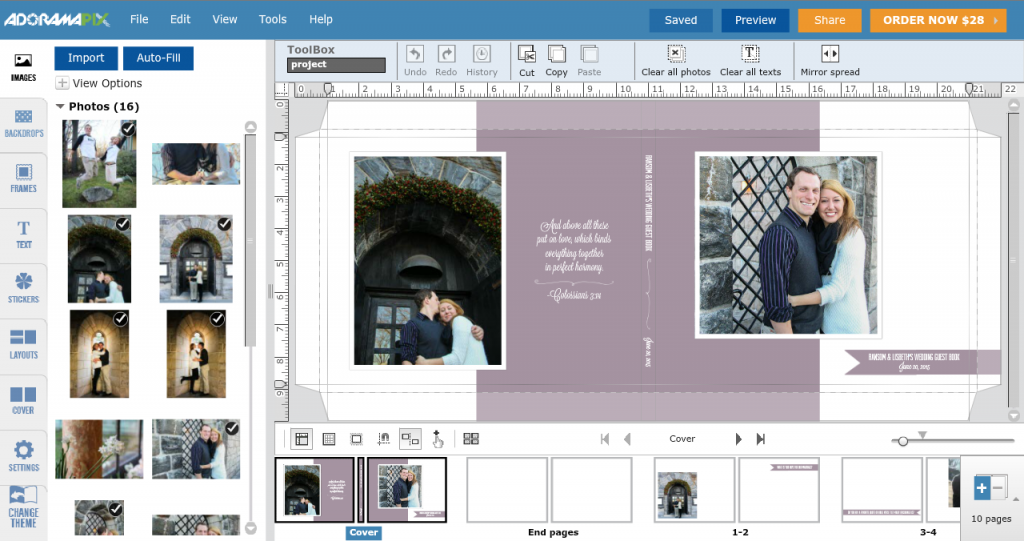 DIY Wedding Guest Book: How to use creative writing promtps to elicit thoughtful messages from the guests (instead of stress-outs over the blank page). Here's a sneak peek at AdoramaPix's interface. They are my go-to company for professional-looking photo book projects with lay-flat pages.