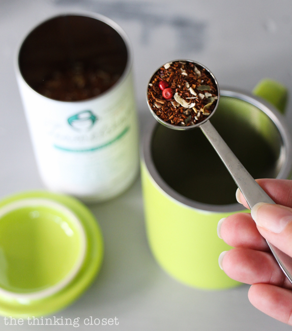 My favorite yummy drink to make for Mark in the fall is Rooibos Coconut Chai by *Teamotions. We got a tin of the caffeine-free version, so it's safe to drink after dinner. Don't you just love how you can actually see the pink peppercorn and shredded coconut in the loose leaf?