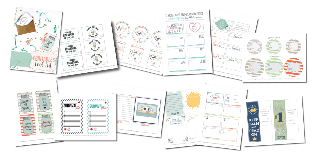 Each copy of the book comes with a FREE BONUS of a Printables Toolkit with 11 Gift-Giving Resources to help you carry out the many gift ideas in Thinking Outside the Gift Box!