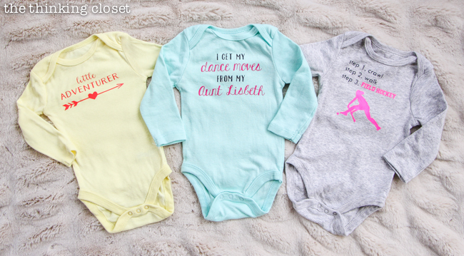 3 Creative Onesies for Baby Girl & FREE Silhouette Cut Files | There's really no better baby shower gift than a custom, personalized onesie! So, brace yourself for 3 adorable new onesie designs, each of which can be adapted to suit the parents and the baby (girl, boy, or gender neutral). And this post has tons of great tips for working with heat transfer vinyl, too! Nab these free files and happy creating.