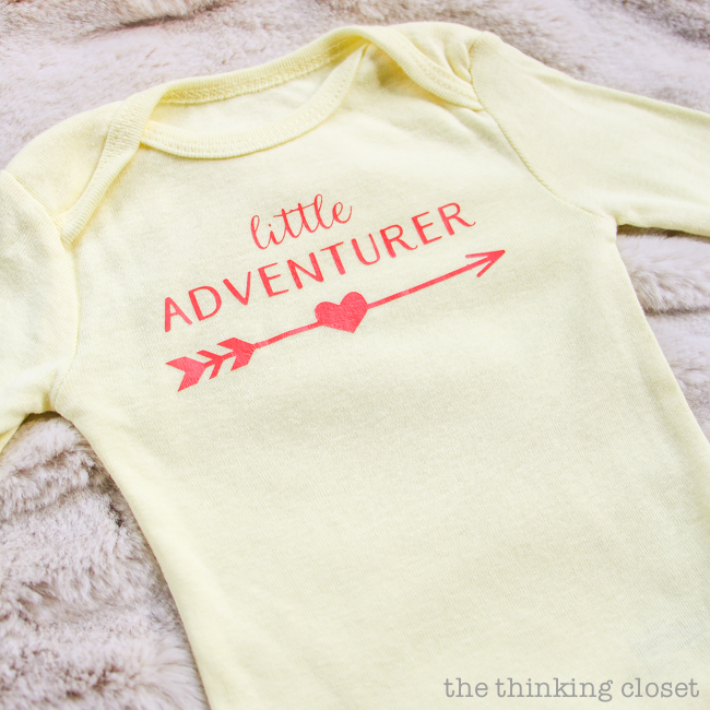 3 Creative Onesies for Baby Girl & FREE Silhouette Cut Files | Here's a fun one for a "Little Adventurer." Customize your HTV or even your arrow to fit a boy, girl, or work as a gender neutral baby shower gift. Totally adorbs! And this post has tons of great tips for working with HTV (heat transfer vinyl).