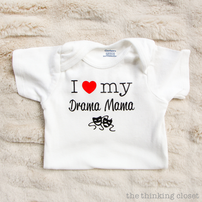 3 Creative Onesies for Baby Girl & FREE Silhouette Cut Files | Here's a fun one for the baby of a theatrical mom: "I heart my drama mama!" And this post has tons of great tips for working with heat transfer vinyl, too!