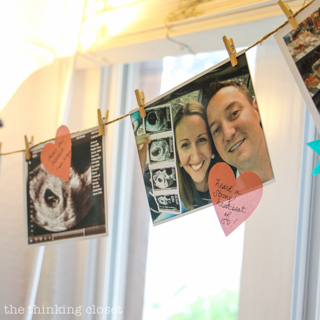 Pregnancy Milestone Timeline Banner: From Party Decor to Baby Scrapbook! | Here's how I saved time and money creating a simple photo banner garland for my baby shower. All of the banner elements can be popped into a scrapbook or baby book! Gotta love double-duty crafting.