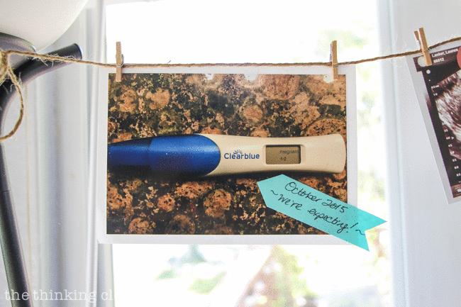 Pregnancy Milestone Timeline Banner: From Party Decor to Baby Scrapbook! | Here's how I saved time and money creating a simple photo banner garland for my baby shower. All of the banner elements can be popped into a scrapbook or baby book! Gotta love double-duty crafting.