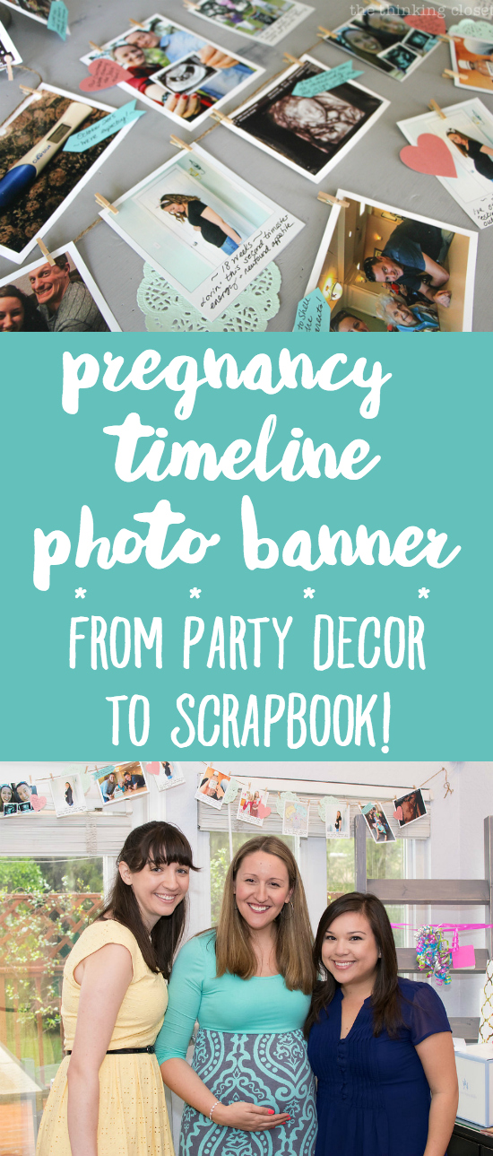 Pregnancy Milestone Timeline Photo Banner: From Party Decor to Baby Scrapbook! | Here's how I saved time and money creating a simple photo banner garland for my baby shower. All of the banner elements can be popped into a scrapbook or baby book! Gotta love double-duty crafting.