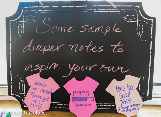 "Cute as a Button" Baby Shower | DIY & Handmade Baby Shower Ideas to Inspire a Party to Remember! A diaper diaries station encourages guests to write encouraging (and funny) notes to the parents to lift their spirits during the hundredth diaper change of the day!