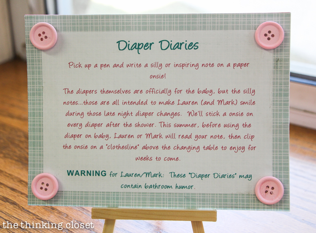 "Cute as a Button" Baby Shower | DIY & Handmade Baby Shower Ideas to Inspire a Party to Remember! A diaper diaries station encourages guests to write encouraging (and funny) notes to the parents to lift their spirits during the hundredth diaper change of the day!