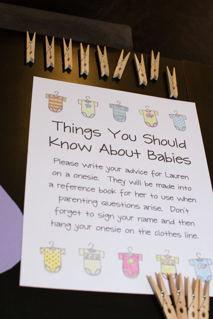 "Bring a Book" Baby Shower | A creative way to help build Baby's library is to invite guests to bring a book instead of card! For a fun shower game, guests participated in a "Things You Should Know About Babies" activity, each writing their words of wisdom on a scrapbook paper onesie. It was compiled into a reference guide and gift for the parents-to-be!