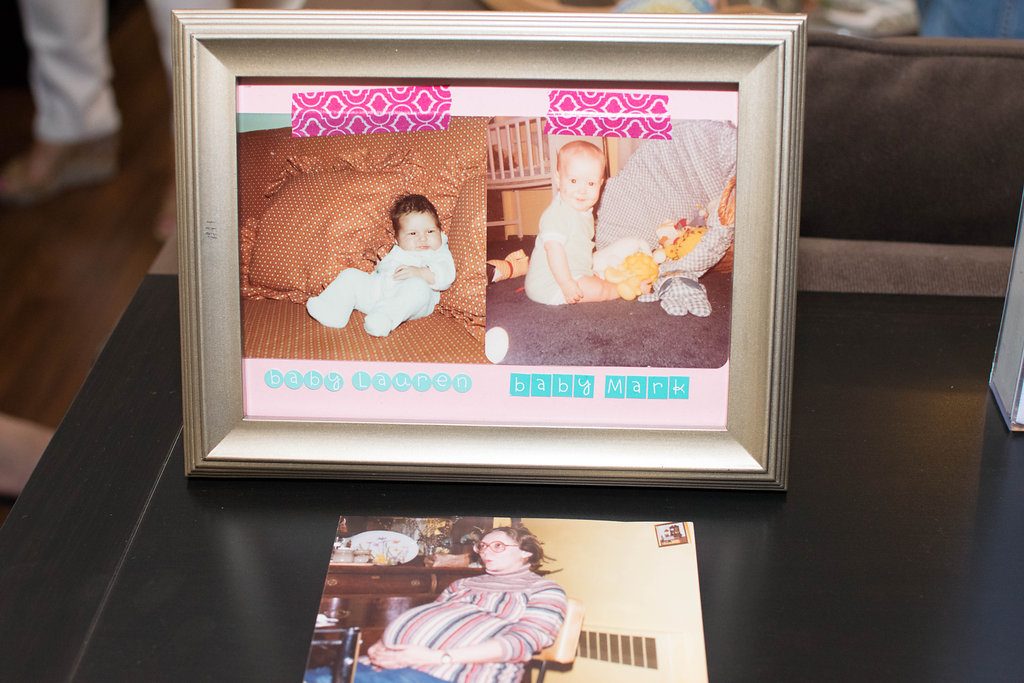 "Bring a Book" Baby Shower | A creative way to help build Baby's library is to invite guests to bring a book instead of card! A side by side comparison of Mom-to-be and Dad-to-be as babies...and a photo of Grandma-to-be when she was pregnant with her first born a long long time ago!