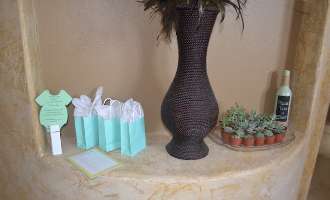 Charming Mint & Gray Baby Shower | Inspiration for planning a meaningful baby shower for a mom-to-be with creative ideas for decor, food, games, activities, a guest book, favors, and more! Here's a glimpse at the mini succulent favors that guests got to take home! Perfect for the mint color scheme.