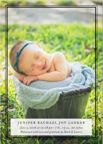 Newborn Birth Announcement with Tiny Prints | Here's the front of our announcement...just a smiling baby in a bucket!