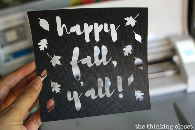 "Happy Fall, Y'all!" Watercolor Art: A Silhouette Cameo 3 Tutorial - After peeling up my adhesive backed cardstock, I applied it to my watercolor background for a vibrant, autumnal finished piece!