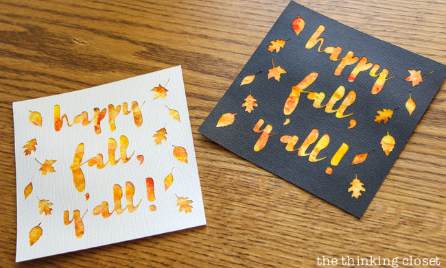 "Happy Fall, Y'all!" Watercolor Art: A Silhouette Cameo 3 Tutorial - After peeling up my adhesive backed cardstock, I applied it to my watercolor background for a vibrant, autumnal finished piece! Here are the black and white renditions for two unique, different looks.