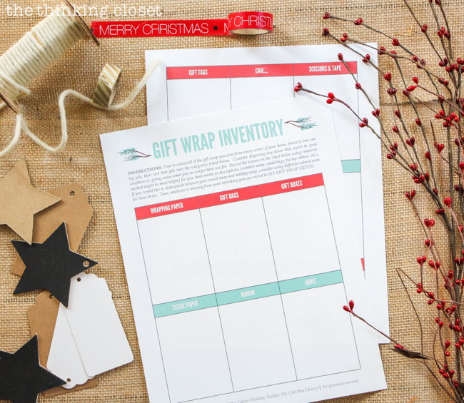 The Gifter's Holiday Toolkit: 5 Day Challenge! FREE printable worksheets and email inspiration designed to set you up for a season of stress free, joy-filled giving. Here's a sneak peek at day 5: Gift Wrap Inventory.