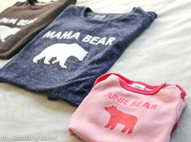 Papa Bear, Mama Bear, Baby Bear T-Shirt Trio Gift Idea | Such a meaningful gift for a new family of three! Think baby shower, mother's day, father's day, Christmas, birthday...any occasion where you want to celebrate new parents or the arrival of their precious little baby bear! Silhouette tutorial includes tips and tricks for working with heat transfer vinyl. It's not as intimidating as you think!