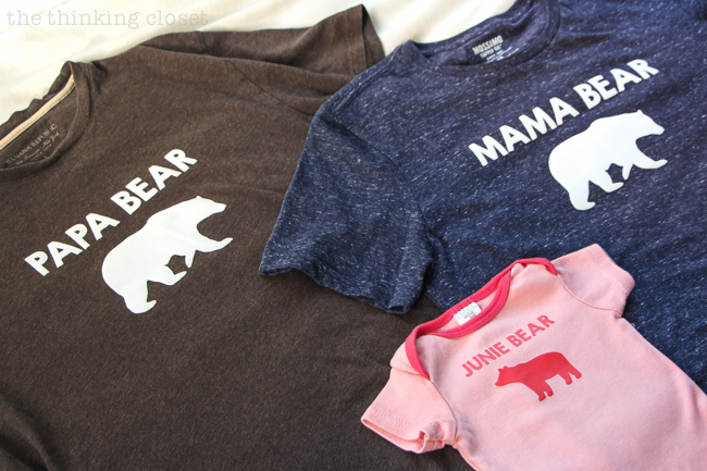 Papa Bear, Mama Bear, Baby Bear T-Shirt Trio Gift Idea | Such a meaningful gift for a new family of three! Think baby shower, mother's day, father's day, Christmas, birthday...any occasion where you want to celebrate new parents or the arrival of their precious little baby bear! Silhouette tutorial includes tips and tricks for working with heat transfer vinyl. It's not as intimidating as you think!