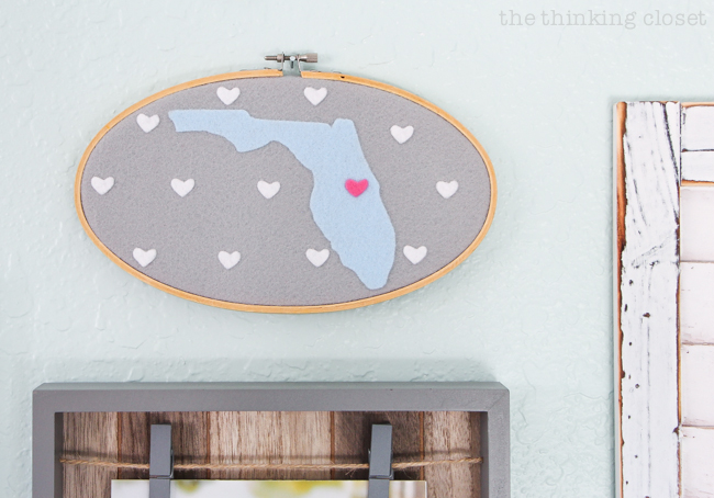 How to cut felt with your Silhouette Curio machine. Join me for the step by step tutorial for creating some custom felt state map hoop art for a baby nursery, home gallery wall, wedding or baby gift! Great tips for beginners!