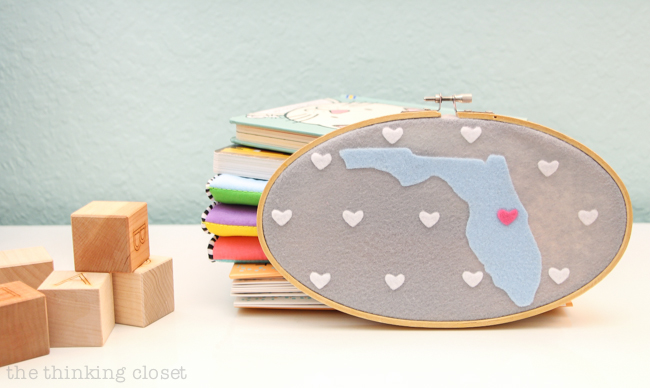 How to cut felt with your Silhouette Curio machine. Join me for the step by step tutorial for creating some custom felt state map hoop art for a baby nursery, home gallery wall, wedding or baby gift! Great tips for beginners!