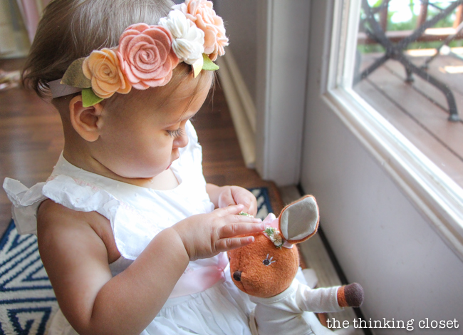 The flower crown that inspired it all...and matchy-matchy Phoebe Fawn! A Blooming First Birthday Bash, inspired by spring flowers in pink, blush, and white. DIY party ideas for a woodland floral-themed celebration, spring fling, or botanical garden party!