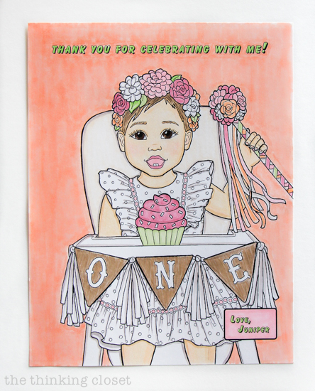 Custom Coloring Page Party Favor for a Blooming First Birthday Bash, inspired by spring flowers in pink, blush, and white. DIY party ideas for a woodland floral-themed celebration, spring fling, or botanical garden party!