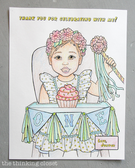 Custom Coloring Page Party Favor for a Blooming First Birthday Bash, inspired by spring flowers in pink, blush, and white. DIY party ideas for a woodland floral-themed celebration, spring fling, or botanical garden party!