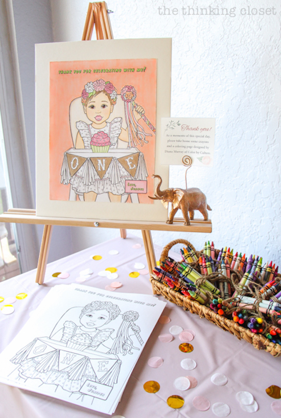 Custom Coloring Page Party Favor for a Blooming First Birthday Bash, inspired by spring flowers in pink, blush, and white. DIY party ideas for a woodland floral-themed celebration, spring fling, or botanical garden party!