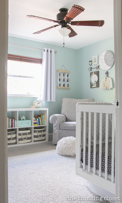 "Little Adventurer" Nursery Tour | An inspirational space with vintage-modern furniture, travel-themed decor, and a gender-neutral color palette of mint, gray, and white. Such a serene, peaceful space!