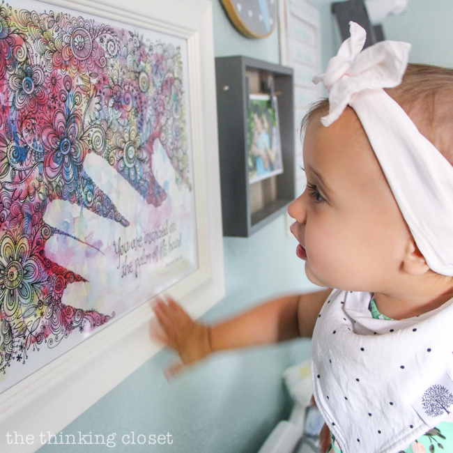 "Little Adventurer" Nursery Tour | An inspirational space with vintage-modern furniture, travel-themed decor, and a gender-neutral color palette of mint, gray, and white. This gallery wall is SO inspiring! I love the eclectic mix of DIY pieces, custom art, and vintage treasures.