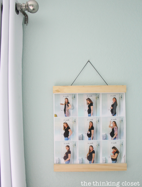 "Little Adventurer" Nursery Tour | An inspirational space with vintage-modern furniture, travel-themed decor, and a gender-neutral color palette of mint, gray, and white. Such a fun idea to hang a collage of bump shots from pregnancy!