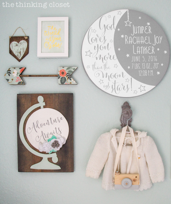 "Little Adventurer" Nursery Tour | An inspirational space with vintage-modern furniture, travel-themed decor, and a gender-neutral color palette of mint, gray, and white. This gallery wall is SO inspiring! I love the eclectic mix of DIY pieces, custom art, and vintage treasures.