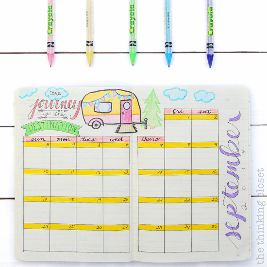 "Plan With Me" VIDEO: how to set up your bullet journal spreads for a productive new month using a camper adventure theme. Inspiration for your monthly log, monthly task list, habit tracker, mood tracker, gratitude log, weekly log, and dailies!