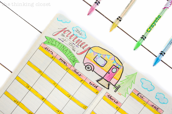 "Plan With Me" VIDEO: how to set up your bullet journal spreads for a productive new month using a camper adventure theme. Inspiration for your monthly log, monthly task list, habit tracker, mood tracker, gratitude log, weekly log, and dailies!