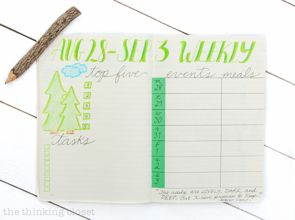 "Plan With Me" VIDEO: how to set up your bullet journal spreads for a productive new month using a camper adventure theme. Inspiration for your monthly log, monthly task list, habit tracker, mood tracker, gratitude log, weekly log, and dailies!