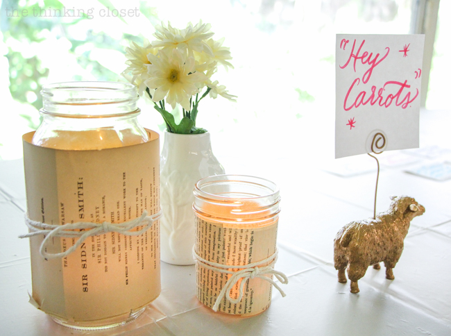 How to host an "Anne of Green Gables" or "Anne with an E" themed birthday party with food, decor, activities, and games for the whole family! | DIY Book Page Mason Jar Candle Holders and Farm Animal Food Sign Holders!